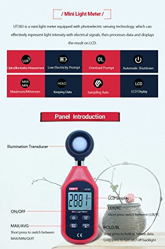 UNI-T UT383 Digital Illuminance Meter 0-199900 Lux (0-18,500 FC) Illuminance Measurement Applicable to illuminance Monitoring and Measurement in The Construction of Street Lamps and Other Industries.