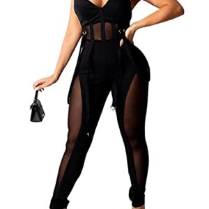 Uni Clau Women Sexy Spaghetti Strap Bodycon Tank One Piece Jumpsuit Mesh Patchwork See Through Long Pants Party Club Romper Black M