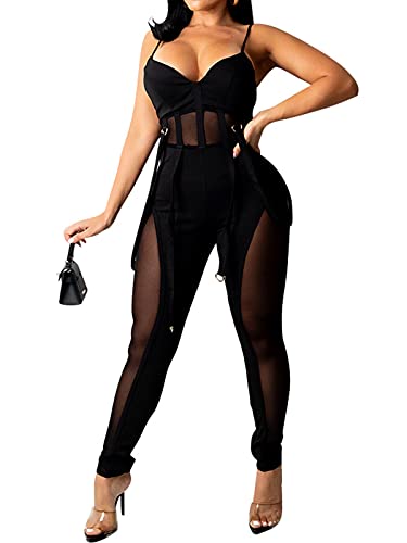 Uni Clau Women Sexy Spaghetti Strap Bodycon Tank One Piece Jumpsuit Mesh Patchwork See Through Long Pants Party Club Romper Black M