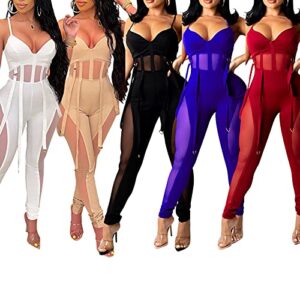 Uni Clau Women Sexy Spaghetti Strap Bodycon Tank One Piece Jumpsuit Mesh Patchwork See Through Long Pants Party Club Romper Black M