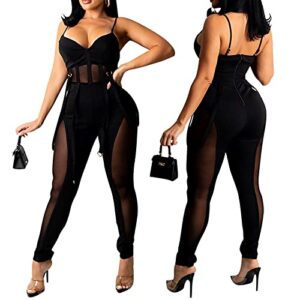 Uni Clau Women Sexy Spaghetti Strap Bodycon Tank One Piece Jumpsuit Mesh Patchwork See Through Long Pants Party Club Romper Black M