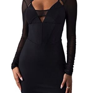 Uni Clau Women’s Sexy V Neck Mesh Patchwork Long Sleeve Mini Dress Criss Cross Backless Halter Neck Bodycon Party Clubwear Night Club Skinny Dresses Black L