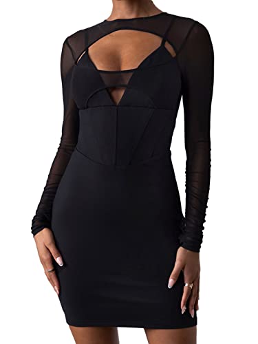 Uni Clau Women’s Sexy V Neck Mesh Patchwork Long Sleeve Mini Dress Criss Cross Backless Halter Neck Bodycon Party Clubwear Night Club Skinny Dresses Black L