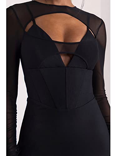 Uni Clau Women’s Sexy V Neck Mesh Patchwork Long Sleeve Mini Dress Criss Cross Backless Halter Neck Bodycon Party Clubwear Night Club Skinny Dresses Black L