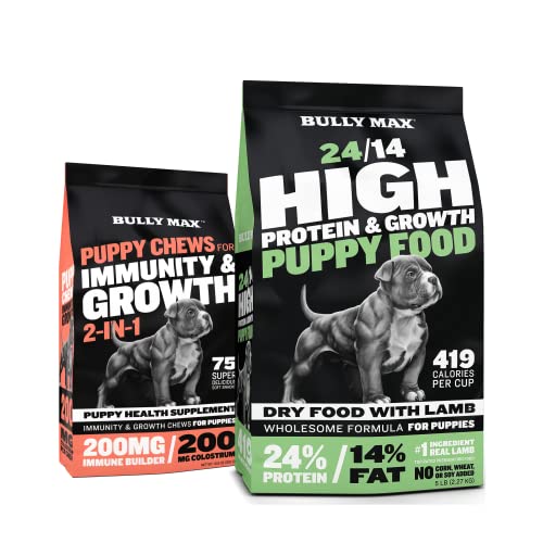 Bully Max Puppy Bundle Pack, High Protein & Growth Puppy Food, Immunity Soft Chews for Growth, Dog Supplements Plus Food