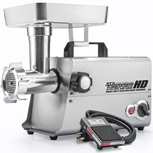 stx international turboforce 3500-tfhd heavy duty electric meat grinder w/foot pedal • 4 grinding plates • 3 s/s blades • sausage stuffer • kubbe • 3 lb. meat tray, • 2 meat claws & burger press