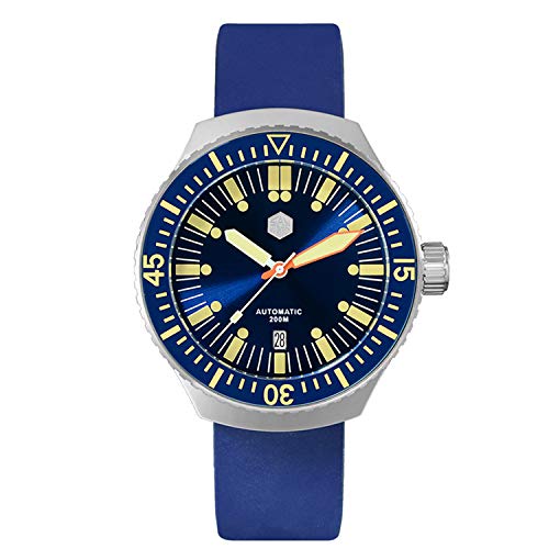 san martin Vintage Automatic Mechanical Diving Men Watch 20 ATM Rotating Bezel Sunray Blue Rubber Strap Sapphire Glass (Blue)