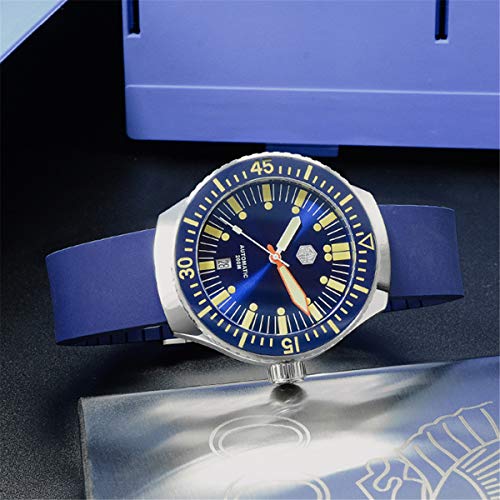 san martin Vintage Automatic Mechanical Diving Men Watch 20 ATM Rotating Bezel Sunray Blue Rubber Strap Sapphire Glass (Blue)