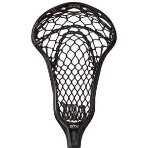 stx lacrosse crux 600 strung head with crux mesh pro pocket, black/black