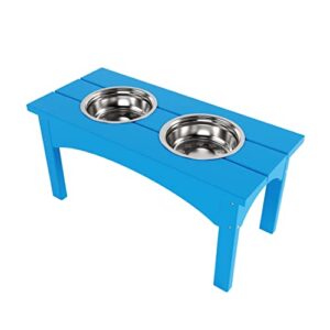 wo westin outdoor elevated pet stand feeder for kitten cats dogs puppy, removable stainless steel food bowls, uv and weather resistant, poly lumber made, modern style (pacific blue)