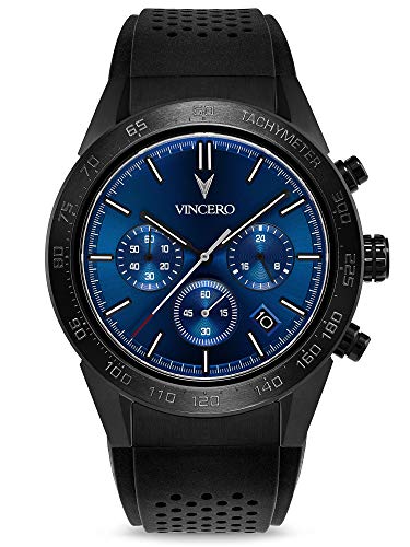 Vincero Luxury Men's Rogue Wrist Watch - Silicone Watch Band - 43mm Chronograph Watch - Japanese Quartz Movement (Black/Blue Sunray)