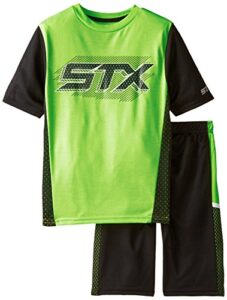 stx toddler boys’ 2 piece performance athletic t-shirt and short set, black/neon lime, 2t