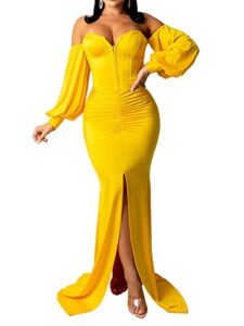 uni clau women’s sexy off shoulder maxi dress v neck lantern long sleeve split gown cocktail mermaid formal dresses yellow 2xl