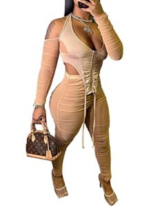 uni clau women sexy sheer mesh deep v neck two piece outfits long sleeve see through skinny long pants club long romper jumpsuit beige m
