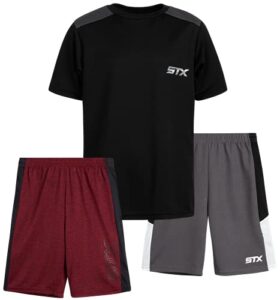 stx boys’ active shorts set ? 3 piece t-shirt and gym shorts kids clothing set, size 5/6, grey/black/dark red