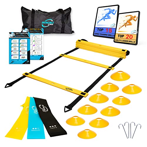 Invincible Fitness Agility Set - 10 Cones, 4 Hooks, 3 Resistance Bands & Bag - Improve Coordination, Speed, Power & Strength - Soccer, Football, Basketball, Tennis - for All Ages