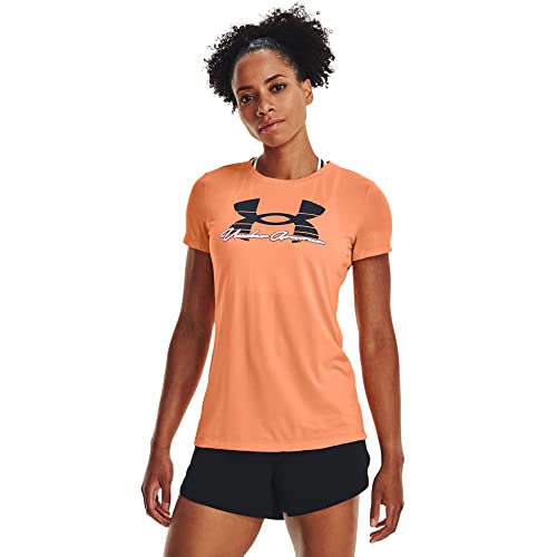 Under Armour Women's Standard Tech Solid Script Short Sleeve T-Shirt, (906) Orange Tropic/Downpour Gray/White, Medium