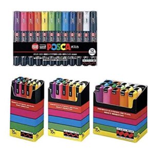 uni-posca paint marker pen bundle set , mitsubishi pencil uni posca poster colour marking pens extra fine point 12 colours , fine 15 , medium 15 , bold 15 – japan import