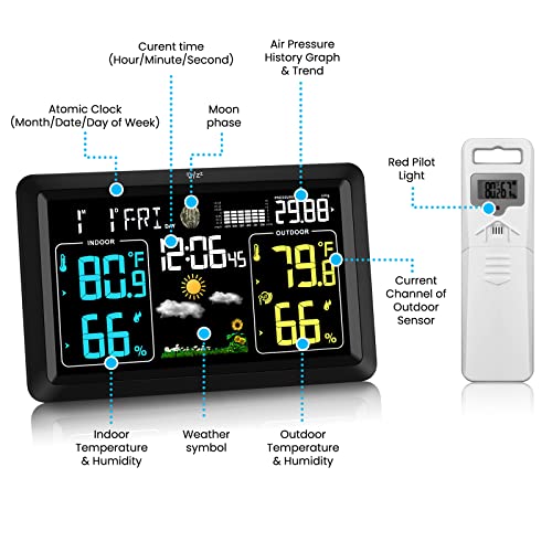 Weather Stations Wireless Indoor Outdoor Thermometer with Atomic Clock, Temperature and Humidity Weather Forecast Barometer with Sensor