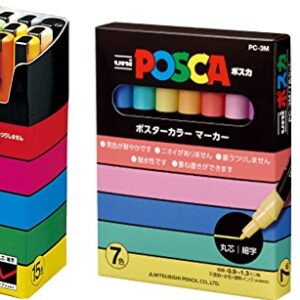 Uni POSCA Paint Marker Pen - Fine Point - Non Alcohol - Odorless Water Resistant Maker - Set of 24 (PC-3M15C & PC-3M7C & Gold & Silver) with Original Vinyl case
