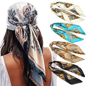 awaytr satin large square head scarves – 4pcs silk like neck scarf hair sleeping wraps lightweight satin silk scarfs for women (cashew(black/blue/camel/beige))
