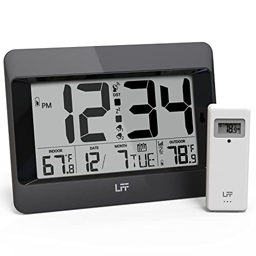 LFF Atomic Clock,Digital Wall Clock Battery Operated,Desk Alarm Clock with Indoor & Outdoor Temperature, Date,Large Display,Wireless Outdoor Sensor, Clock for Bedroom,Living Room,Office,Auto DST