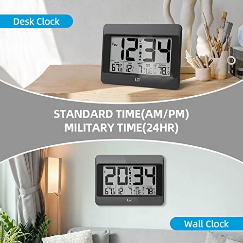 LFF Atomic Clock,Digital Wall Clock Battery Operated,Desk Alarm Clock with Indoor & Outdoor Temperature, Date,Large Display,Wireless Outdoor Sensor, Clock for Bedroom,Living Room,Office,Auto DST