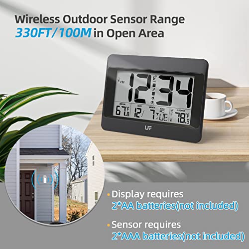 LFF Atomic Clock,Digital Wall Clock Battery Operated,Desk Alarm Clock with Indoor & Outdoor Temperature, Date,Large Display,Wireless Outdoor Sensor, Clock for Bedroom,Living Room,Office,Auto DST