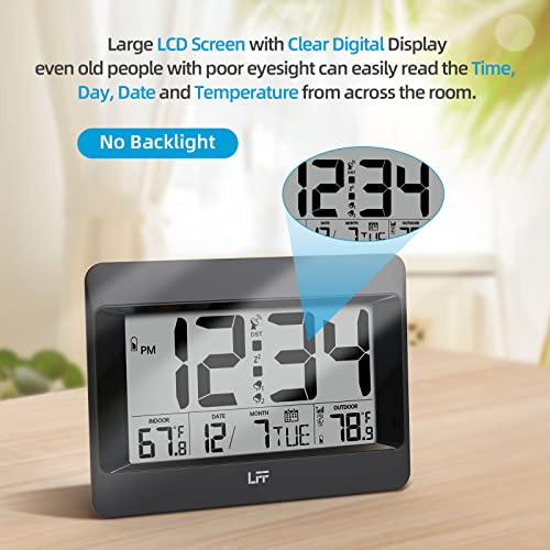 LFF Atomic Clock,Digital Wall Clock Battery Operated,Desk Alarm Clock with Indoor & Outdoor Temperature, Date,Large Display,Wireless Outdoor Sensor, Clock for Bedroom,Living Room,Office,Auto DST