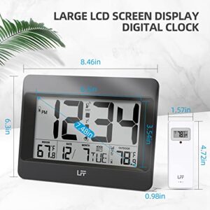 LFF Atomic Clock,Digital Wall Clock Battery Operated,Desk Alarm Clock with Indoor & Outdoor Temperature, Date,Large Display,Wireless Outdoor Sensor, Clock for Bedroom,Living Room,Office,Auto DST