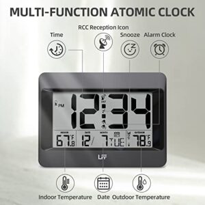 LFF Atomic Clock,Digital Wall Clock Battery Operated,Desk Alarm Clock with Indoor & Outdoor Temperature, Date,Large Display,Wireless Outdoor Sensor, Clock for Bedroom,Living Room,Office,Auto DST