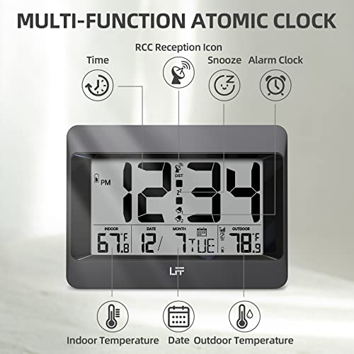 LFF Atomic Clock,Digital Wall Clock Battery Operated,Desk Alarm Clock with Indoor & Outdoor Temperature, Date,Large Display,Wireless Outdoor Sensor, Clock for Bedroom,Living Room,Office,Auto DST