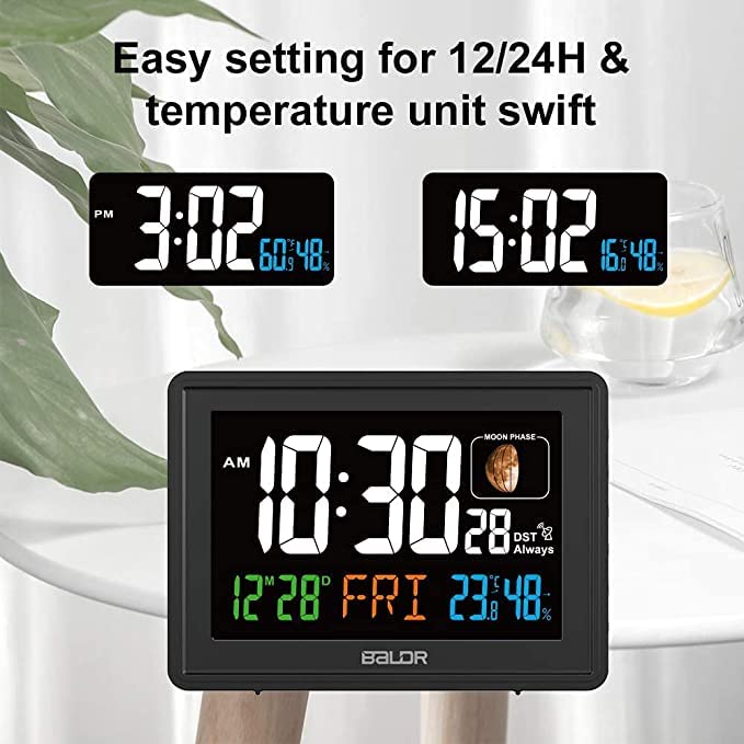 BALDR Atomic Alarm Clock - Large Color Display Digital Desk Clock - With Indoor Thermometer for Temperature & Humidity - Date & Real-Time Moon Phases - Perfect Office Clock or Nightstand Clock (Black)