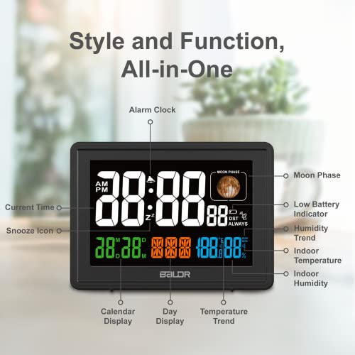 BALDR Atomic Alarm Clock - Large Color Display Digital Desk Clock - With Indoor Thermometer for Temperature & Humidity - Date & Real-Time Moon Phases - Perfect Office Clock or Nightstand Clock (Black)