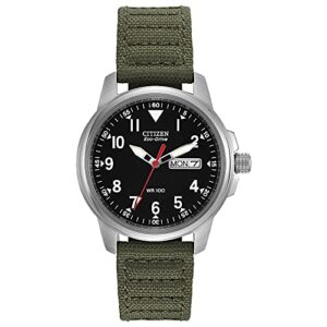 citizen men’s eco-drive weekender garrison field watch in stainless steel with olive nylon strap, black dial (model: bm8180-03e)