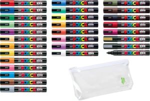 uni posca paint marker pen – medium point – non alcohol – odorless water resistant maker – set of 29 (pc-5m15c & pc-5m7c & 5 dark colors & gold & silver) with original vinyl case