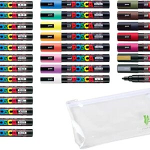 Uni POSCA Paint Marker Pen - Medium Point - Non Alcohol - Odorless Water Resistant Maker - Set of 29 (PC-5M15C & PC-5M7C & 5 Dark Colors & Gold & Silver) with Original Vinyl case