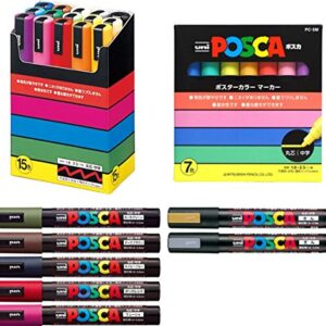 Uni POSCA Paint Marker Pen - Medium Point - Non Alcohol - Odorless Water Resistant Maker - Set of 29 (PC-5M15C & PC-5M7C & 5 Dark Colors & Gold & Silver) with Original Vinyl case