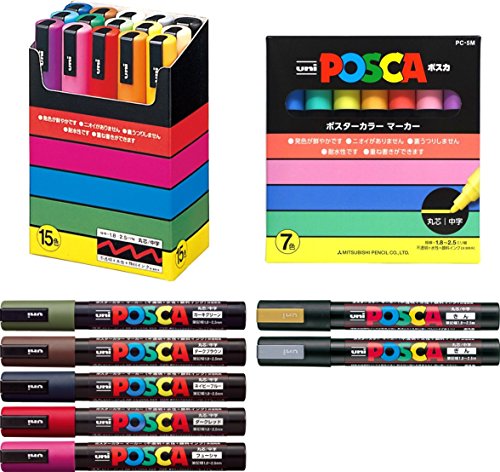 Uni POSCA Paint Marker Pen - Medium Point - Non Alcohol - Odorless Water Resistant Maker - Set of 29 (PC-5M15C & PC-5M7C & 5 Dark Colors & Gold & Silver) with Original Vinyl case