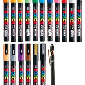 Uni Paint Marker Poster Color 17 Marking Pen Fine Point PC-3M 15 Standard & Gold,Silver Set With Kanji LOVE Sticker