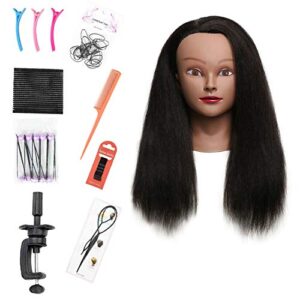 armmu mannequin head with 100% real hair, 16″ hairdresser cosmetology mannequin manikin training practice doll head for hairstyling and free clamp holder- black