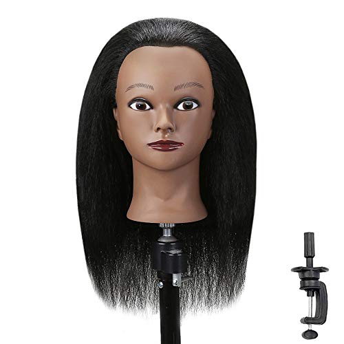 Armmu Mannequin Head with 100% Real Hair, 16" Hairdresser Cosmetology Mannequin Manikin Training Practice Doll Head for Hairstyling and Free Clamp Holder- Black