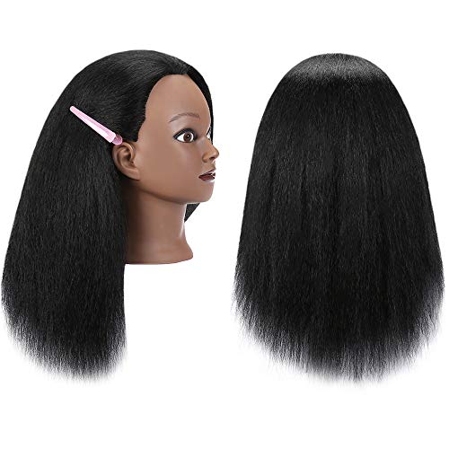 Armmu Mannequin Head with 100% Real Hair, 16" Hairdresser Cosmetology Mannequin Manikin Training Practice Doll Head for Hairstyling and Free Clamp Holder- Black