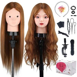 beauty star-mannequin head with 80% real human hair, mannequin head with hair, manikin doll head for hair styling with table clamp holder + diy hair styling braid set, cosmetology makeup hairdressing training head ( long 23.5inch, light brown )