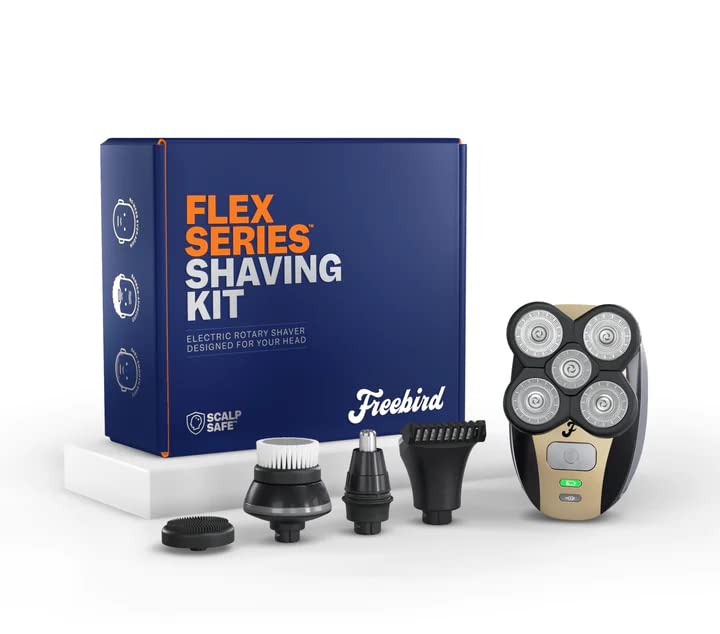 The FlexSeries Electric Head Hair Shaver - Freebird - Ultimate Mens Cordless Rechargeable Wet/Dry Skull & Bald Head Waterproof Razor with Rotary Blades, Clippers, Nose Trimmer, Brush, Massager
