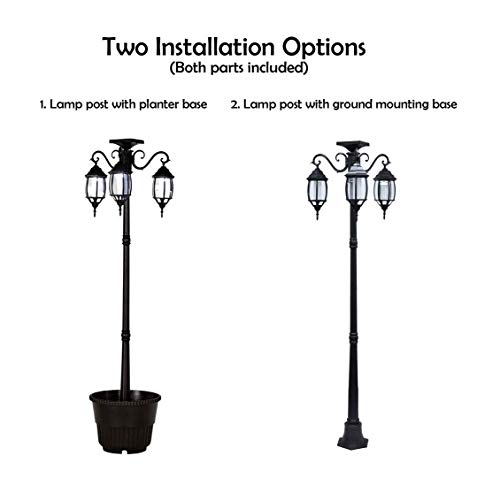 Westcharm Portable 3-Head LED Solar Light Planter for Backyard Patio Porch Outdoor Decoration - 6.7 ft. (80 in.) Black Solar Street Lamp with Planter