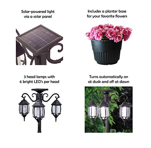 Westcharm Portable 3-Head LED Solar Light Planter for Backyard Patio Porch Outdoor Decoration - 6.7 ft. (80 in.) Black Solar Street Lamp with Planter