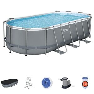 bestway power steel 18′ x 9′ x 48″ oval metal frame above ground outdoor swimming pool set with 1500 gph filter pump, ladder, and pool cover
