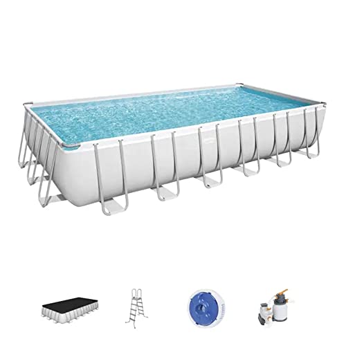 Bestway Power Steel 24' x 12' x 52" Rectangular Metal Frame Above Ground Swimming Pool Set with 1500 GPH Sand Filter Pump, Ladder, and Pool Cover