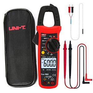 uni-t ut204r digital clamp meter, auto ranging trms 6000 counts ncv volt amp meter with ac/dc ohm diode capacitance resistance temperature frequency continuity test